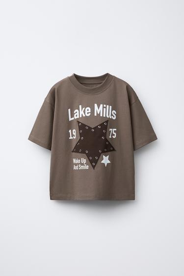 Zara EYELET STAR T-SHIRT - Brown