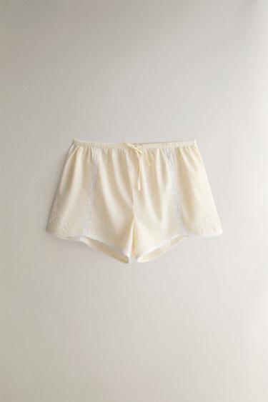 SHORT EN COTON À DENTELLE BRODÉE - Jaune de Zara - Image 0