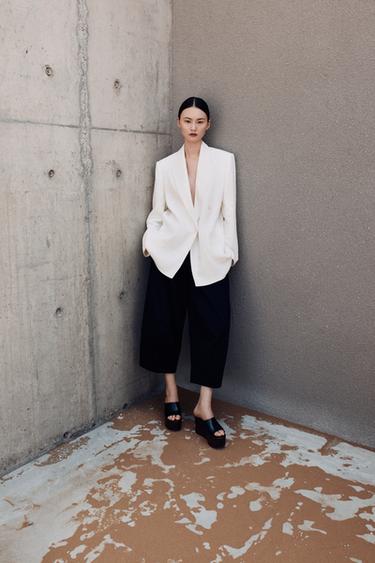 Zara ZW COLLECTION 亞麻混紡雙排扣西裝外套 - 裸色