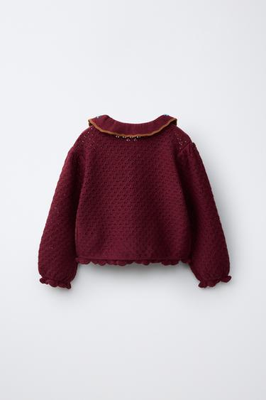 COTTON-LINEN EMBROIDERED CARDIGAN — Dark burgundy 2