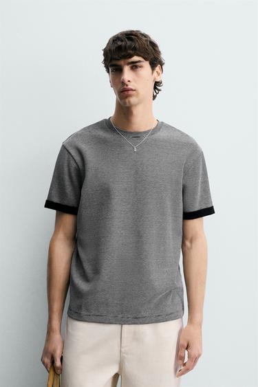 CONTRAST STRIPED JACQUARD T-SHIRT - Blue/White by Zara