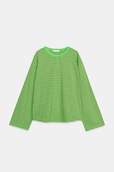 تي شيرت مخطط بأكمام طويلة - أخضر الخاص بـ Zara