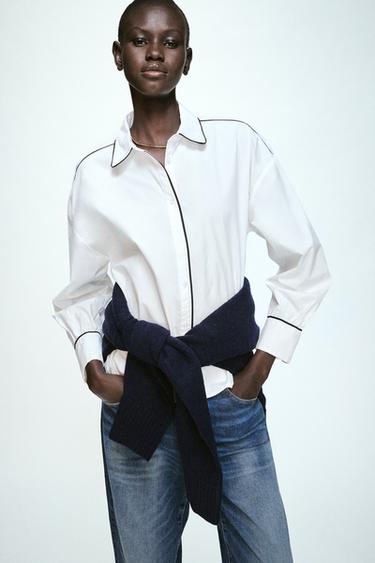 POPLIN SHIRT WITH CONTRAST PIPING - Black / White by Zara