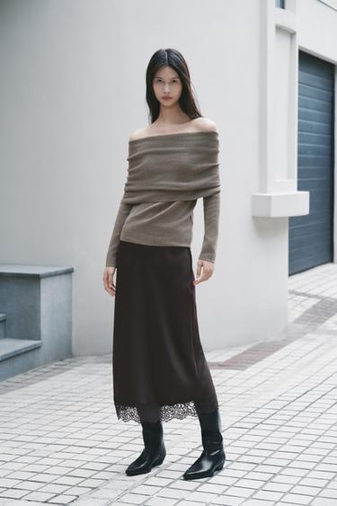Zara ZW 系列緞面蕾絲裙 - 深棕色