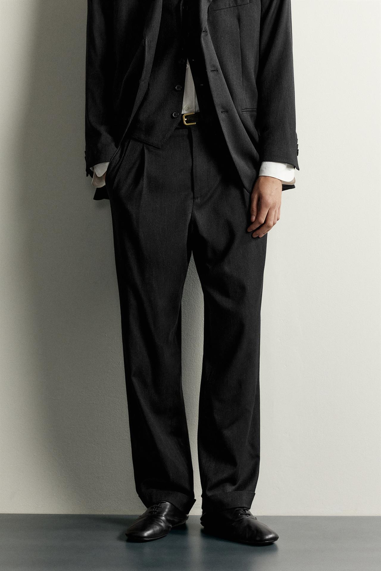 RELAXED FIT STRIPED SUIT PANTS — Black