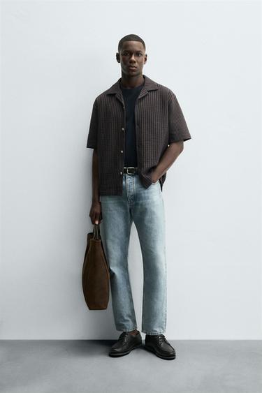 Zara SEERSUCKER COMFORT SHIRT - Brown-Blue