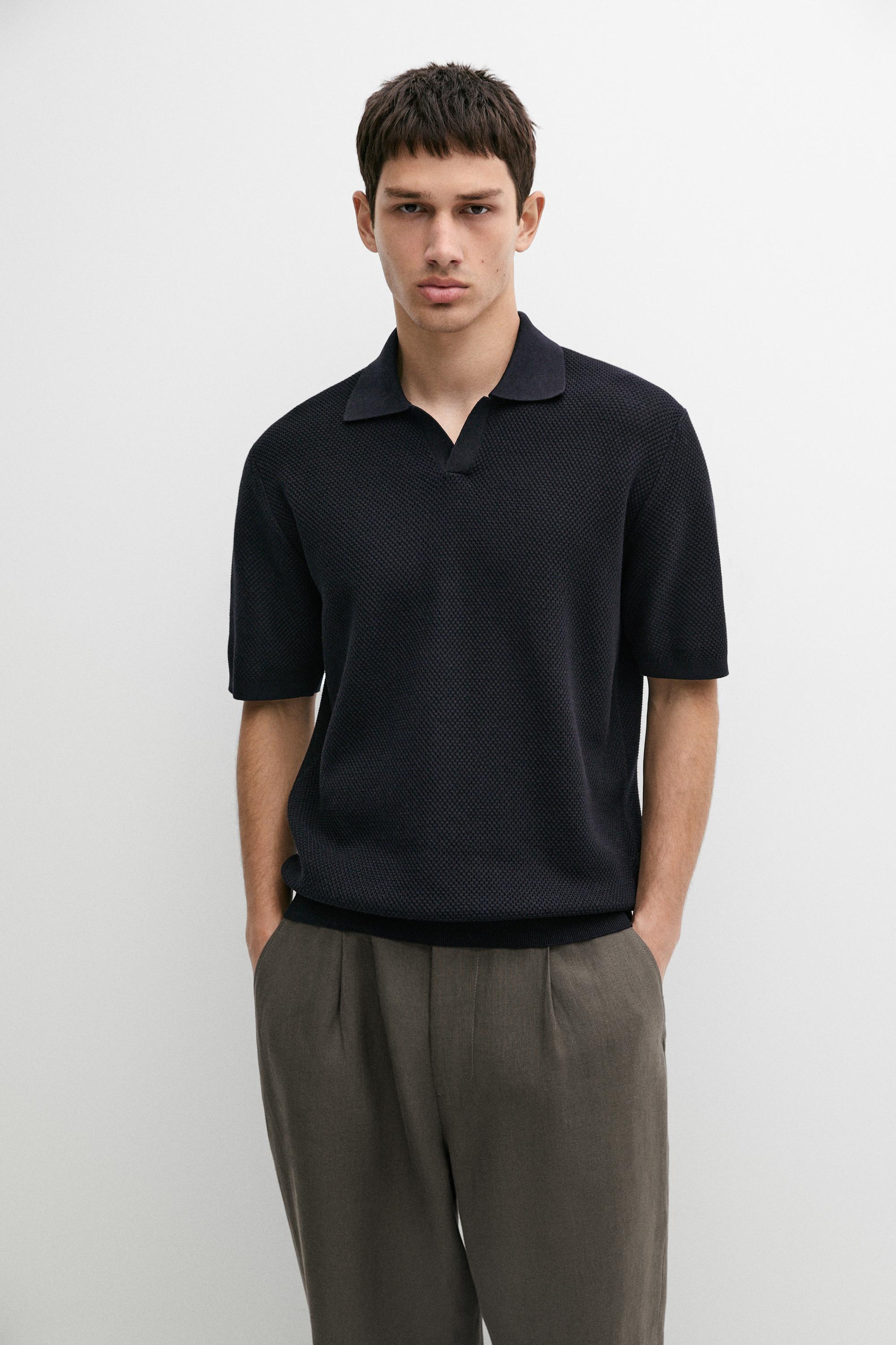 Cotton blend knit V-neck polo shirt — Navy blue
