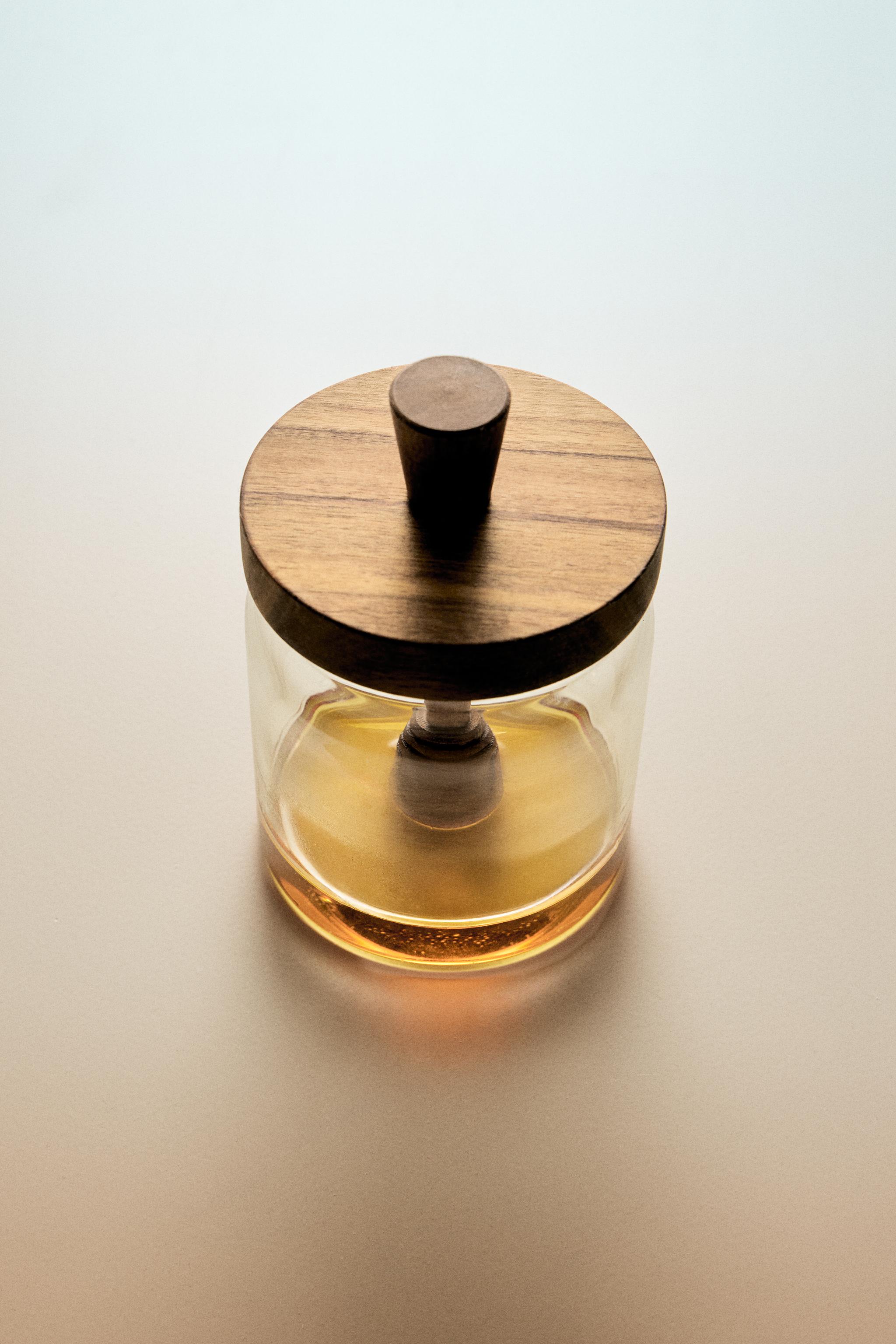BOROSILICATE GLASS AND WOOD HONEY JAR