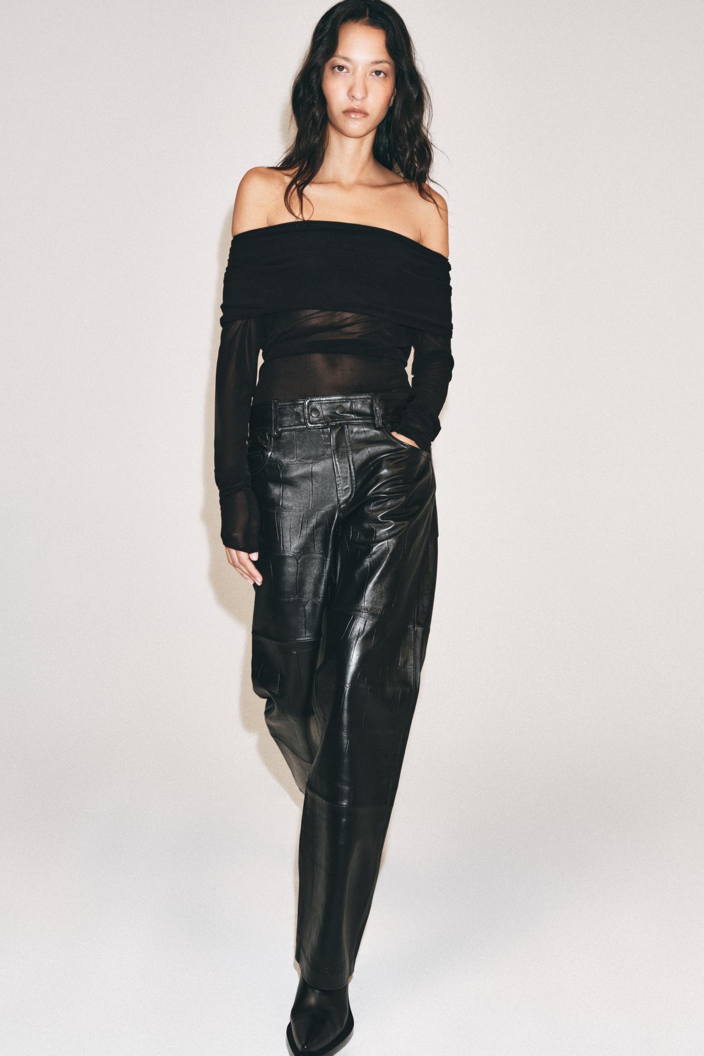 Женские брюки Zara 100% Leather Straight Pants ZW Collection, цвет: Чёрный — фото 5