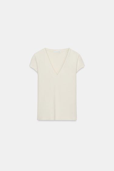 Zara V-NECK T-SHIRT - Ecru
