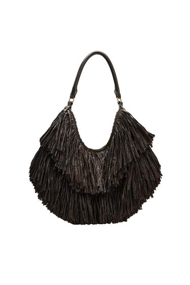 Dark brown shoulder bag featuring a layered fringe design and plain handle, on a white background.