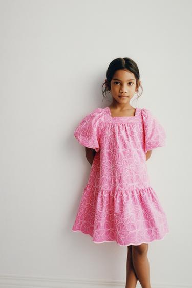 Zara EMBROIDERED FLOWER DRESS - Fuchsia