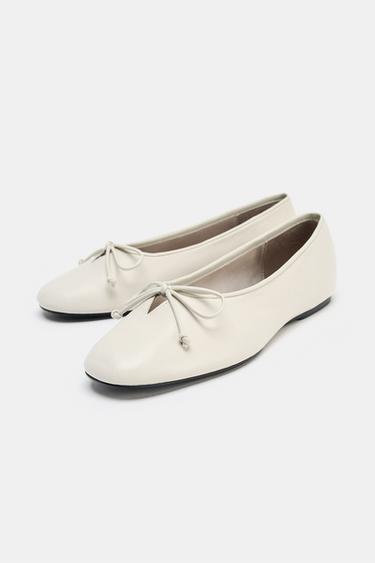 SOFT LEATHER BALLERINA SHOES WITH BOW - Ecru White by Zara - Image 2
