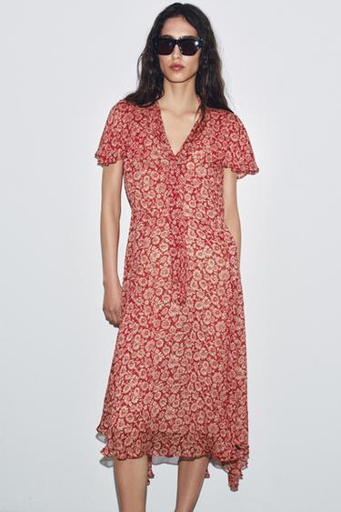 Zara ZW COLLECTION FLORAL PRINT DRESS - Red / White