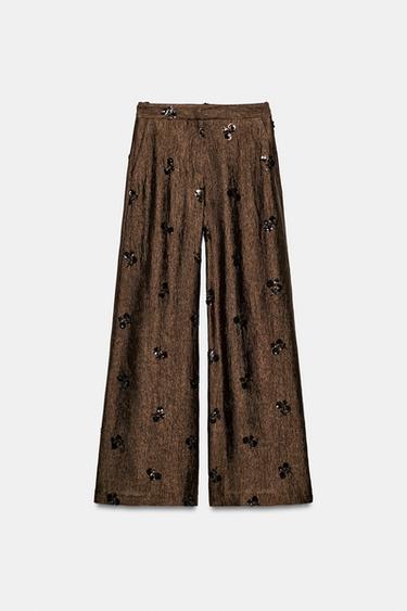 PANTALON LARGE PAILLETTES - Marron de Zara - Image 5