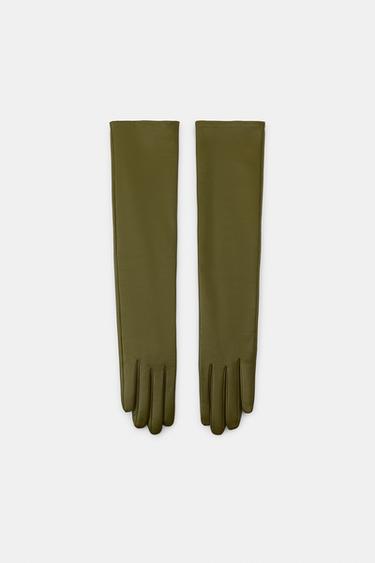100% LEATHER LONG GLOVES - Green by Zara