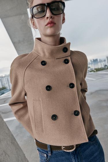 SHORT DOUBLE-BREASTED COAT WITH HIGH COLLAR - camel by Zara
