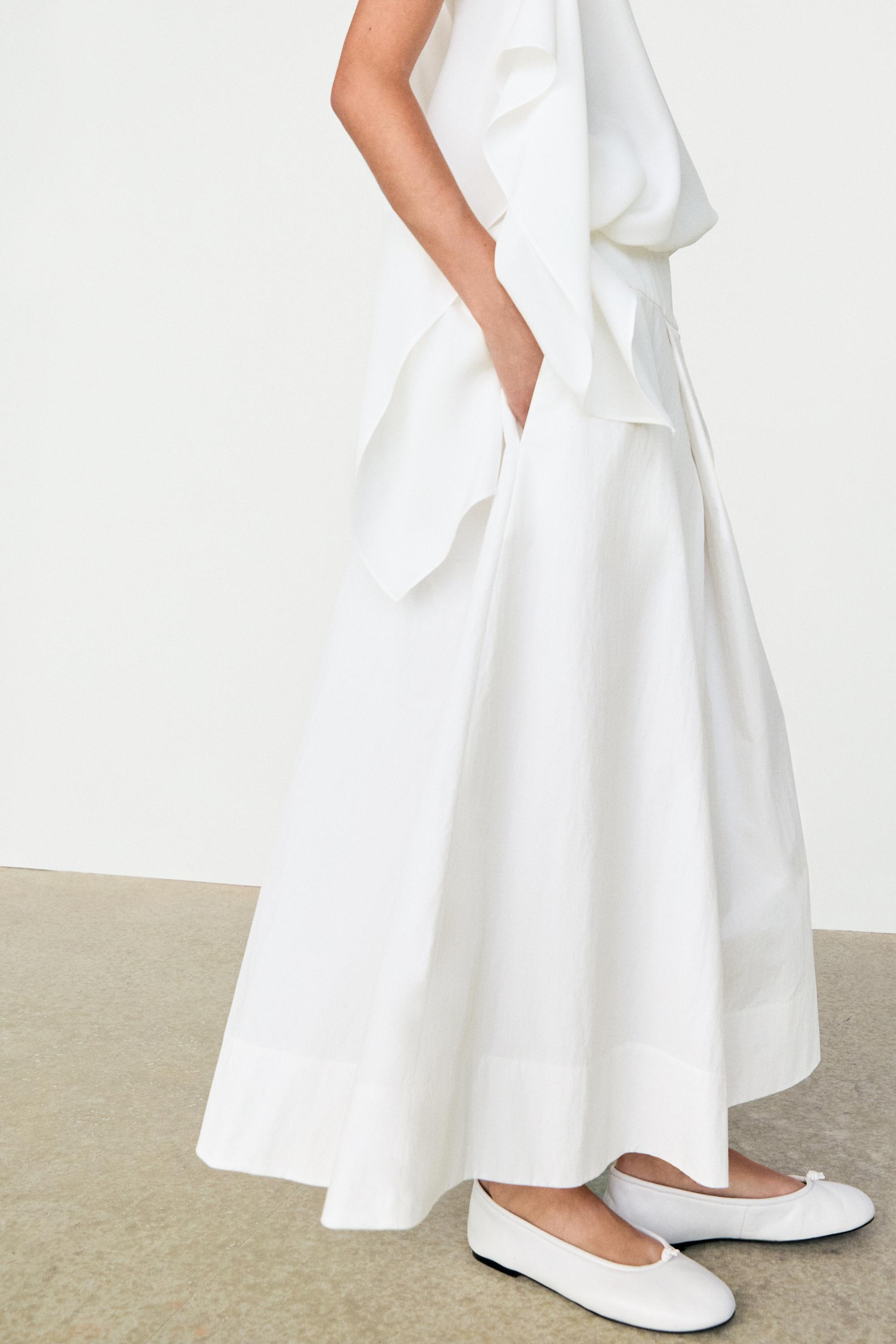 Midi skirt with yoke and pleated detail — White