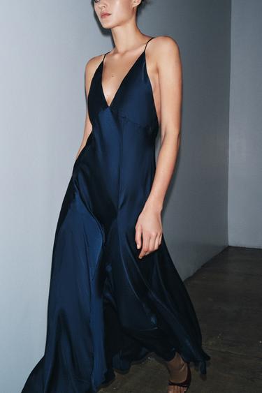 ZW COLLECTION LONG SATIN DRESS - Dark navy by Zara