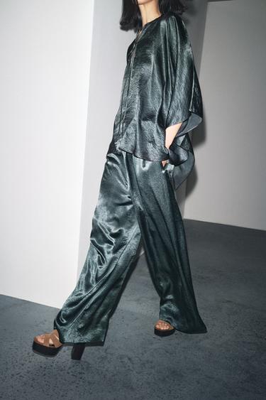PANTALON LARGE SATINÉ ZW COLLECTION - Vert de Zara - Image 1