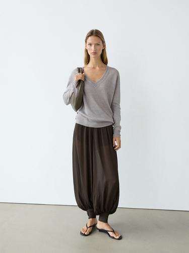 Zara Semi-sheer sarouel trousers with button details - Chocolate