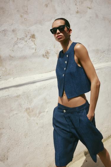 CHALECO LINO CRUZADO BOTONES - Índigo de Zara