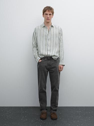 Camisa rayas regular fit  100% lino - Verde medio de Zara - Imagen 0