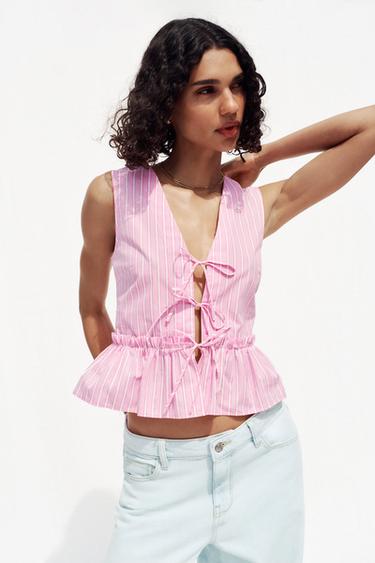 TOP RAYÉ AVEC LACETS - Rose / Blanc de Zara - Image 1