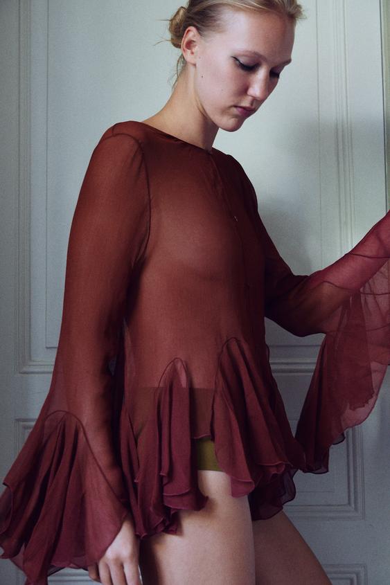 GEORGETTE RUFFLED SHIRT - Dark red by Zara - Image 0