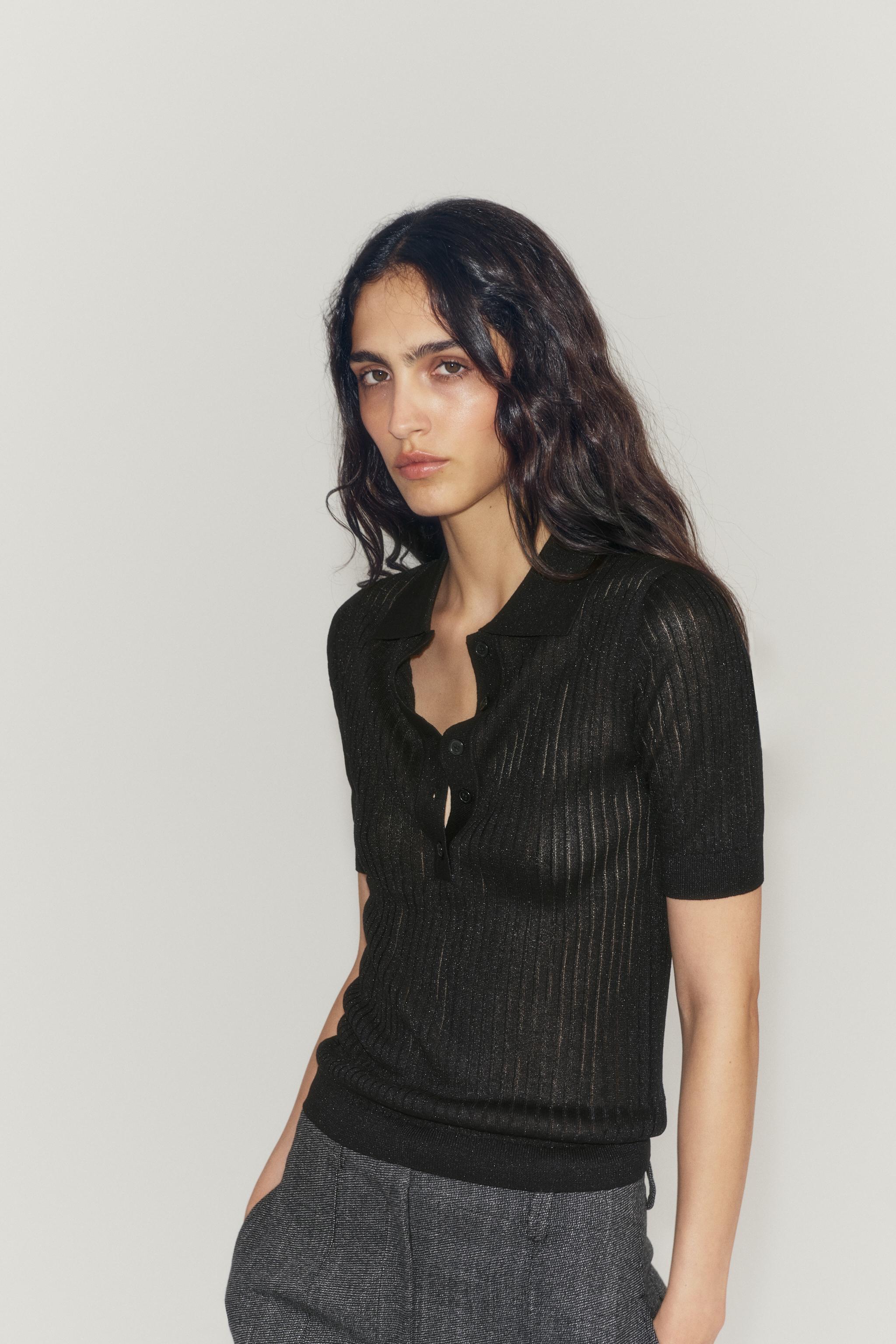 Zara YARI TRANSPARAN TRİKO POLO T-SHIRT görsel 6