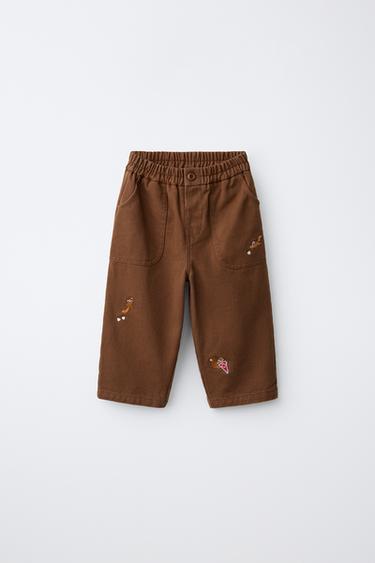 PANTALÓN BAGGY ARDILLAS BORDADAS - Marrón de Zara