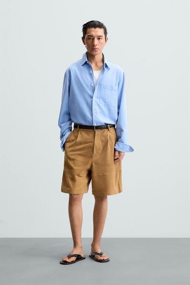 PLEATED SUEDE LEATHER BERMUDA SHORTS - Brown by Zara - Image 0