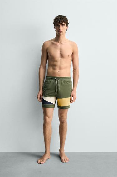 LONG COLOUR BLOCK SWIMMING TRUNKS - Green by Zara - Image 0