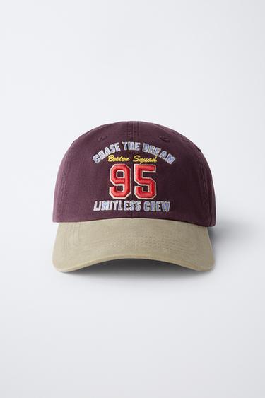 Zara WASHED EFFECT EMBROIDERED TEXT CAP - Burgundy