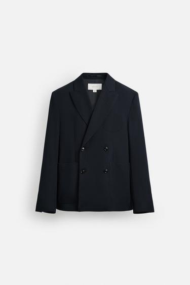 Zara 100% WOOL DOUBLE-BREASTED SUIT JACKET - Dark navy