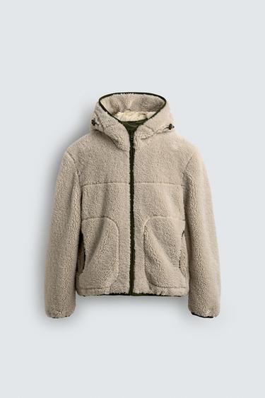 Zara COMBINATION FAUX SHEARLING JACKET - Oyster-white