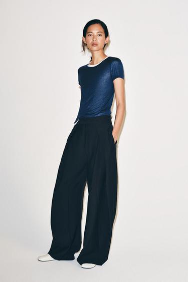 PANTALON WIDE LEG À PINCES ZW COLLECTION - Bleu marine de Zara