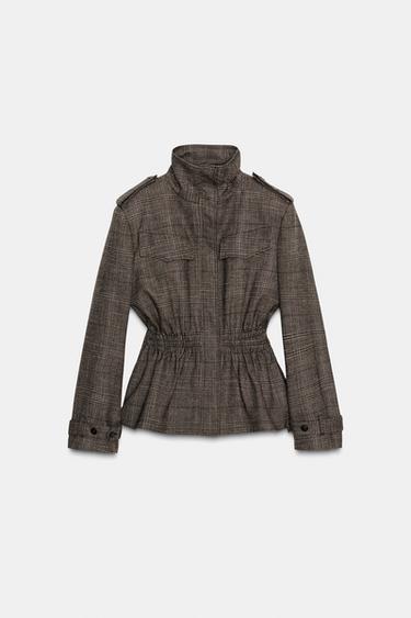 جاكيت بيبلوم كاروهات مع صوف ZW COLLECTION - بني فيجوريه الخاص بـ Zara