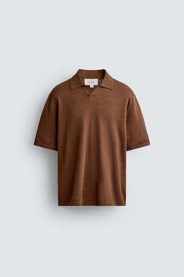 HEMP/COTTON KNIT POLO SHIRT - Brown marl by Zara