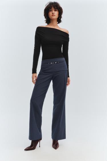 Zara 格紋繫帶長褲 - 靛青色