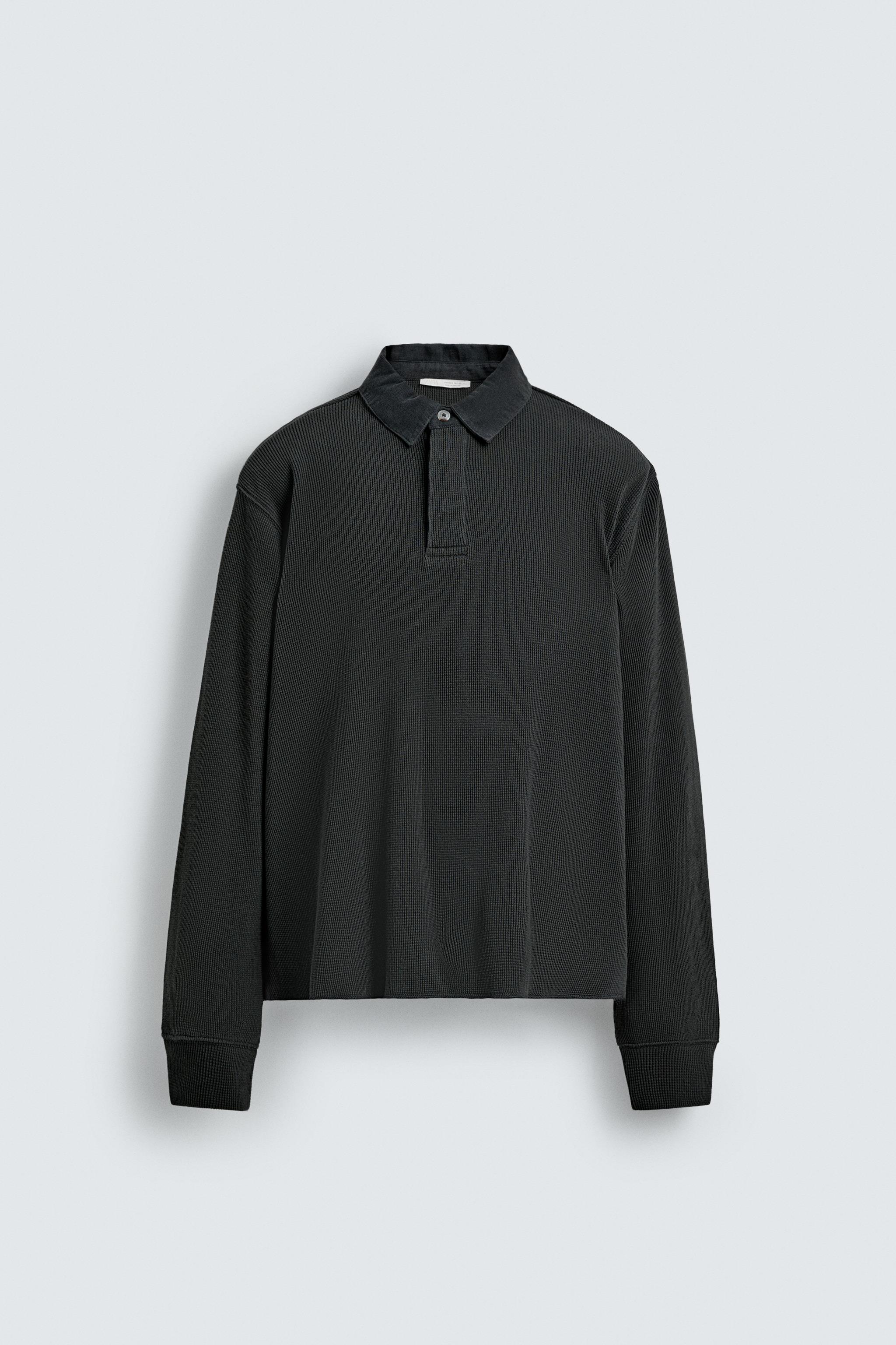 CONTRAST WAFFLE-KNIT RUGBY POLO SHIRT — Anthracite grey