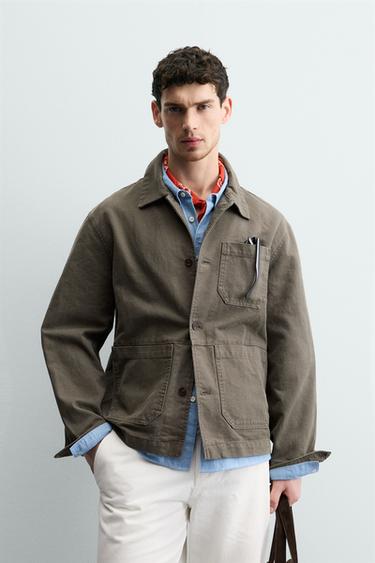 Zara WASHED CANVAS RELAXED FIT OVERSHIRT - Brown / Taupe