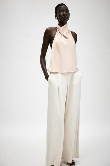 Zara SATIN EFFECT HALTER TOP - Sand - Image 0