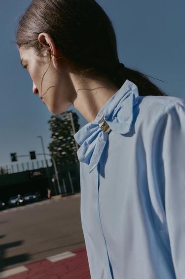 БЛУЗА ОТ ПОПЛИН С ВРЪЗКА - Светло синьо от Zara