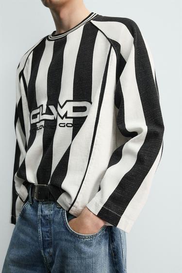 TEXTURED STRIPE JACQUARD T-SHIRT - Black / White by Zara - Image 6
