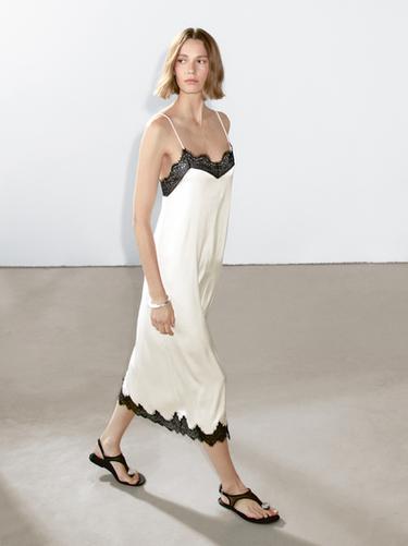 Vestido midi lencero contraste - Crudo de Zara
