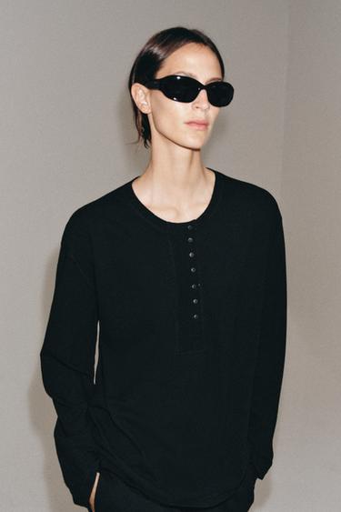 Zara LINEN BLEND HENLEY SHIRT - Black
