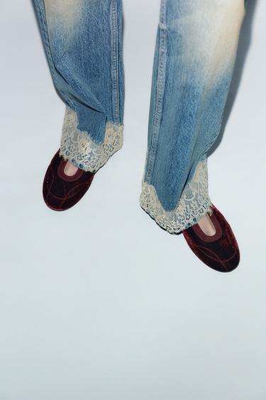 VELVET-EFFECT TOPSTITCHED BALLET FLATS - Burgundy Red by Zara