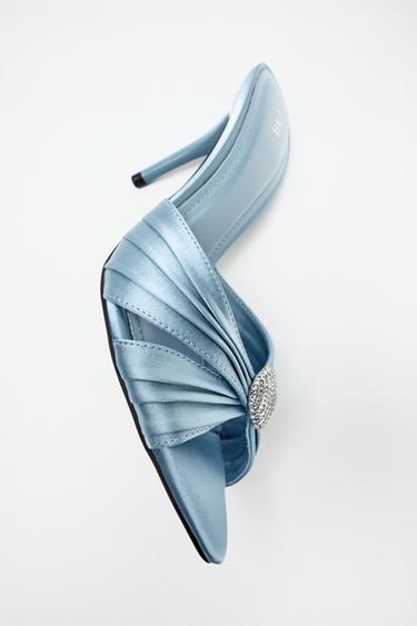 Zara SATIN-EFFECT EMBELLISHED HEELED SANDALS - Blue