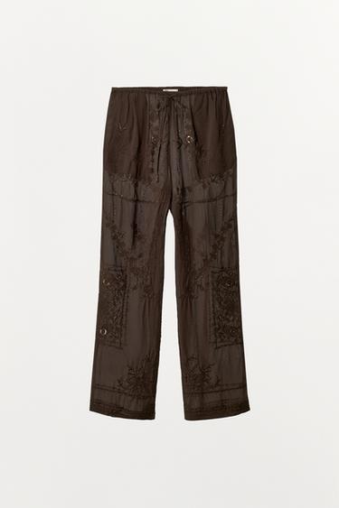 EMBROIDERED BEADED TROUSERS - Brown by Zara